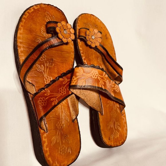 Hand-tooled leather Mexican artisanal sandals Size 4 (6,5 - 7) - Picture 4 of 7
